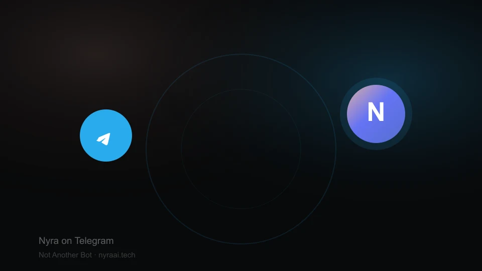 Telegram logo alongside Nyra personal AI assistant — chat on Telegram with memory, reminders, and human-like replies